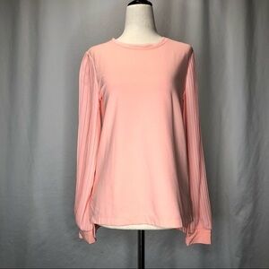 NWT Kaari Blue soft coral (peach) blouse jersey body pleated crepe sleeves Small